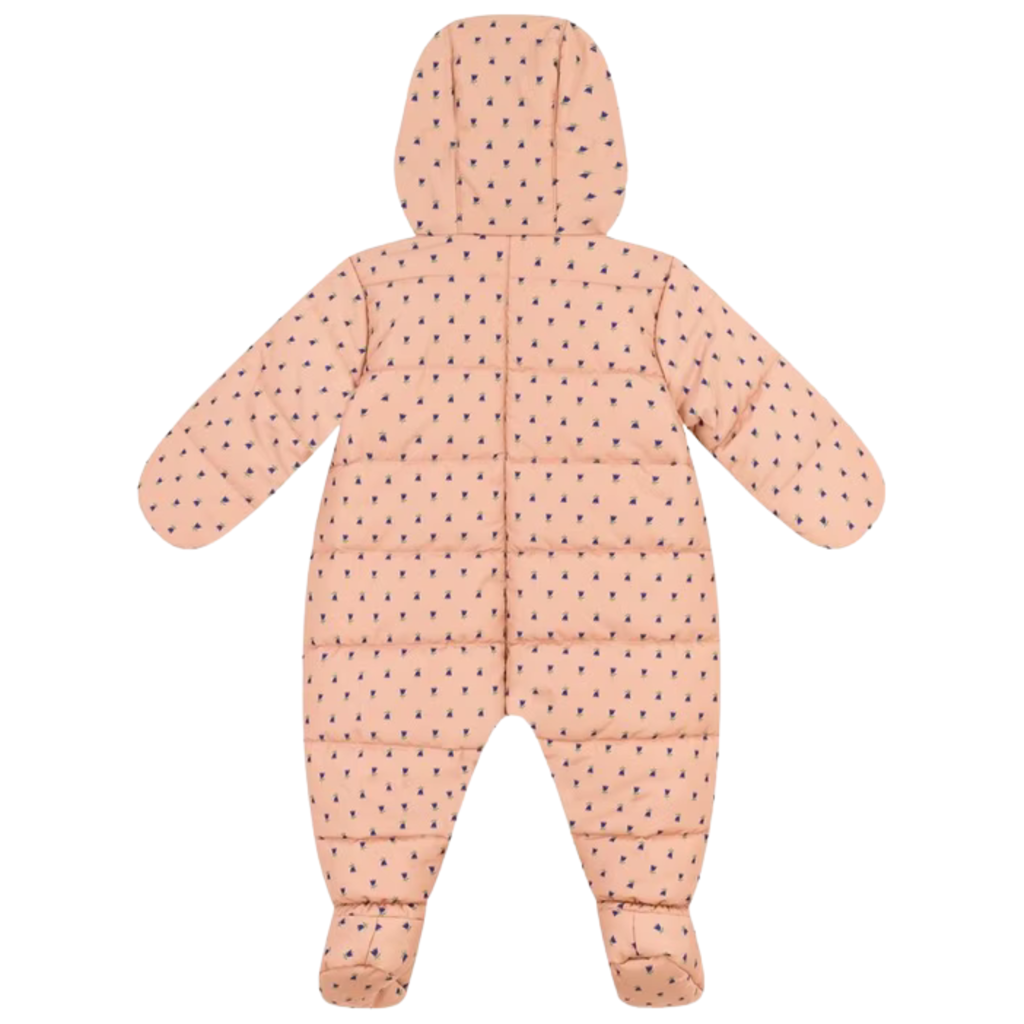 Pink baby snowsuit with black polka dots on a white background