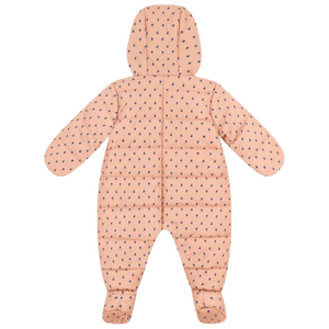 Pink baby snowsuit with black polka dots on a white background