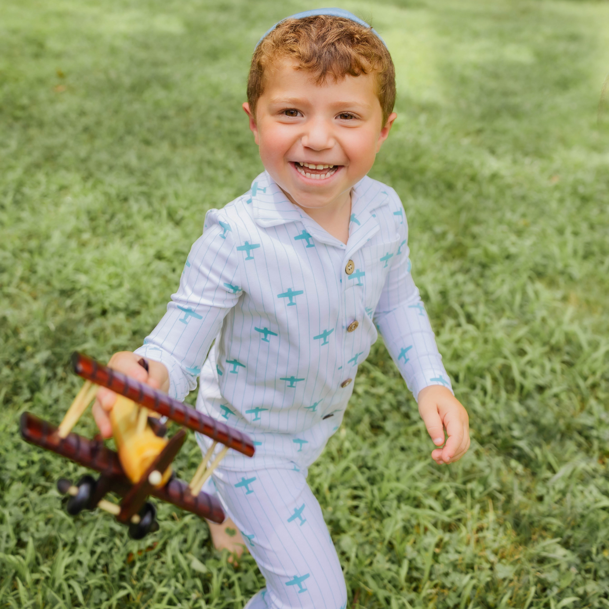 Little Label – Blue Airplane Print Grandpa Pajama (Light Blue Cotton)
