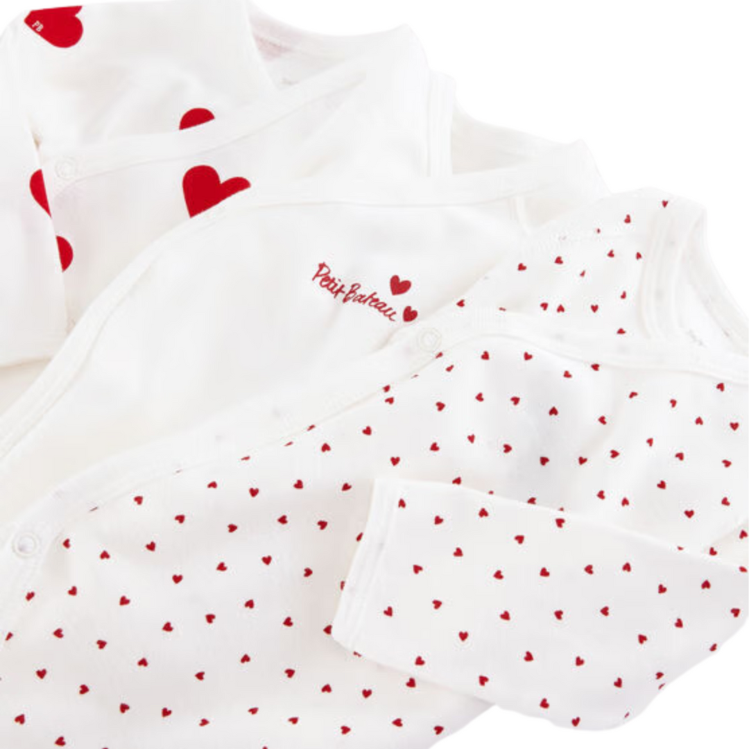 Petit Bateau | 3 Pack LS Crossover Heart Print Bodysuits