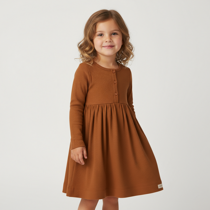 MarMar Spicy Caramel Dima Dress | Elegant Girls’ Long-Sleeve Cotton Dress