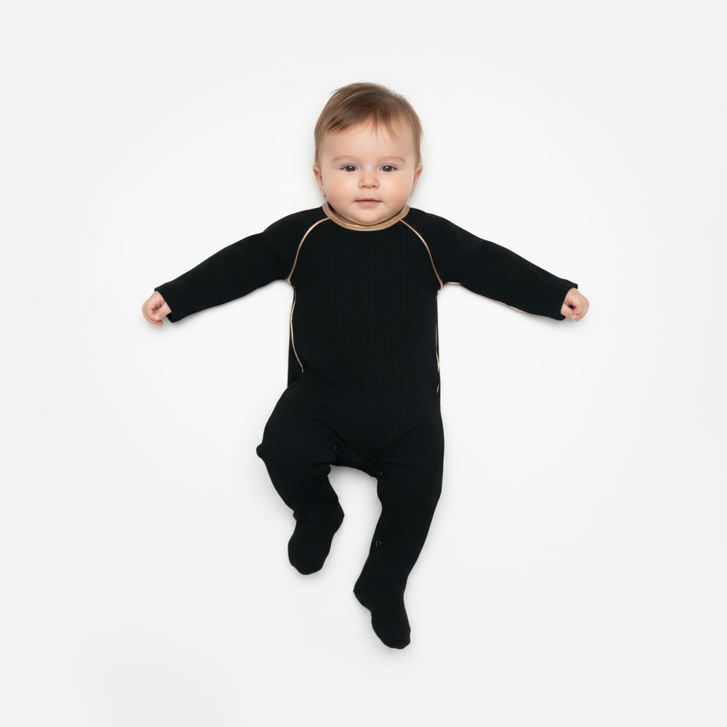 Cadeau Black Ribbed Baby Footie – Red & Gold Trim Onesie