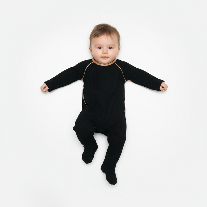 Cadeau Black Ribbed Baby Footie – Red & Gold Trim Onesie
