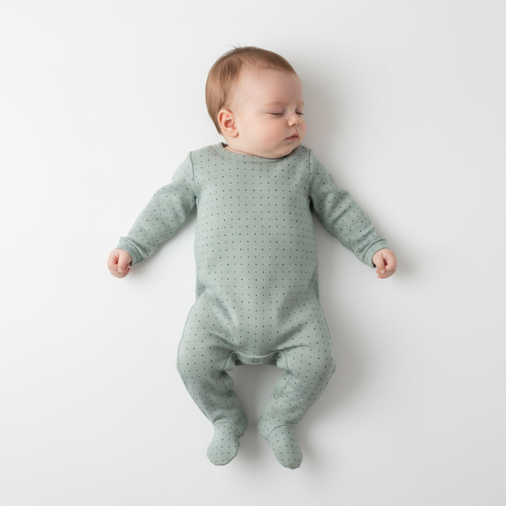 Fragile Seafoam Dot Print Footie | Soft Cotton Baby Sleepsuit in Pastel Green