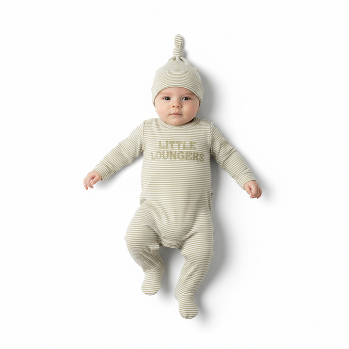 Fragile Olive Brushed Stripe Bebe Footie Set | Soft Cotton Newborn Outfit with Matching Hat