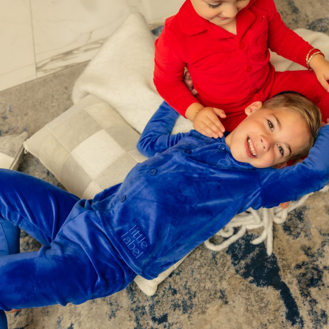 Little Label Blue Velour Embroidered Pocket Grandpa Pjs