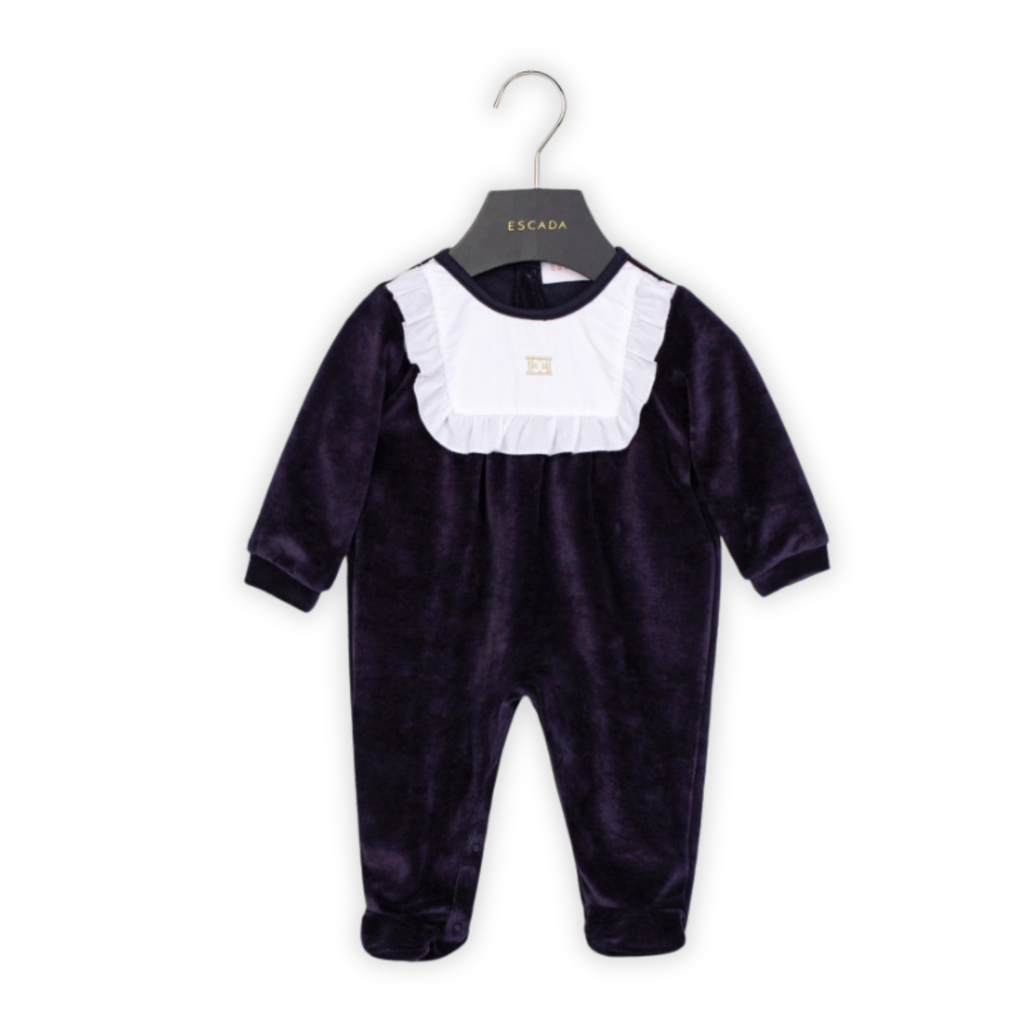 escada baby footie white ruffle bib dark navy