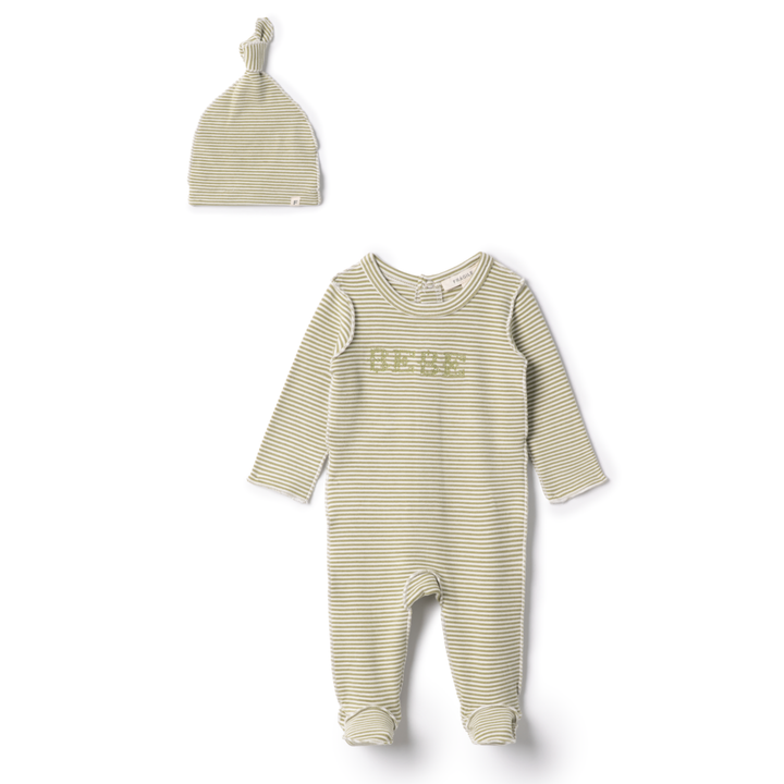 Fragile Olive Brushed Stripe Bebe Footie Set | Soft Cotton Newborn Outfit with Matching Hat