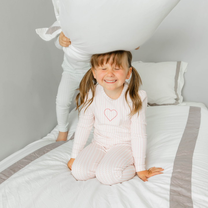 Little Label Heart Herringbone Pajama – Pink Cotton Sleepwear Set