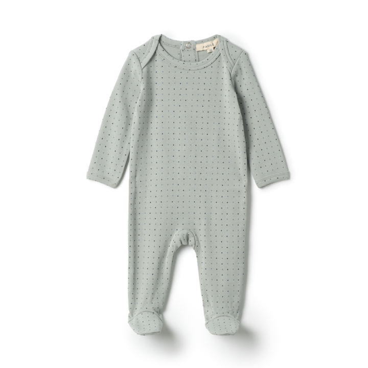 Fragile Seafoam Dot Print Footie | Soft Cotton Baby Sleepsuit in Pastel Green