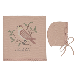 Peluche BEBE Knit Cross Stitch Blanket & Bonnet – Luxury Newborn Heirloom Gift Set