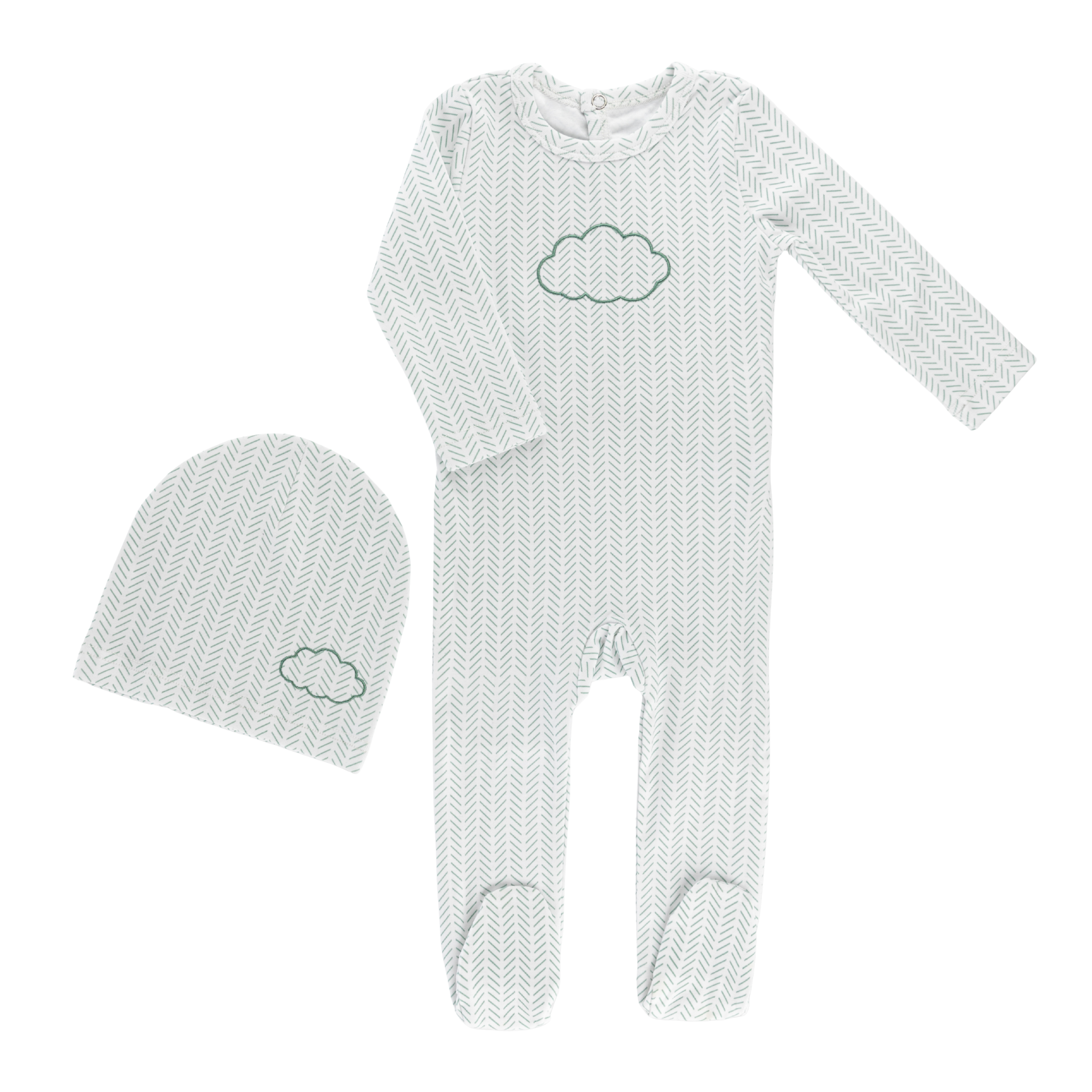 Little Label – Cloud Herringbone Baby Footie & Hat Set (Light Blue Cotton)