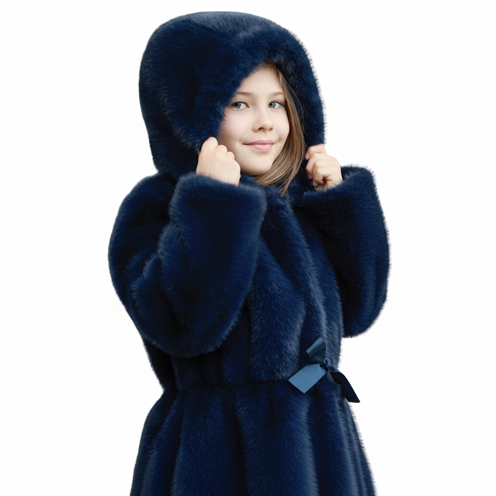 Child wearing a dark blue fur coat with a hood on a white background