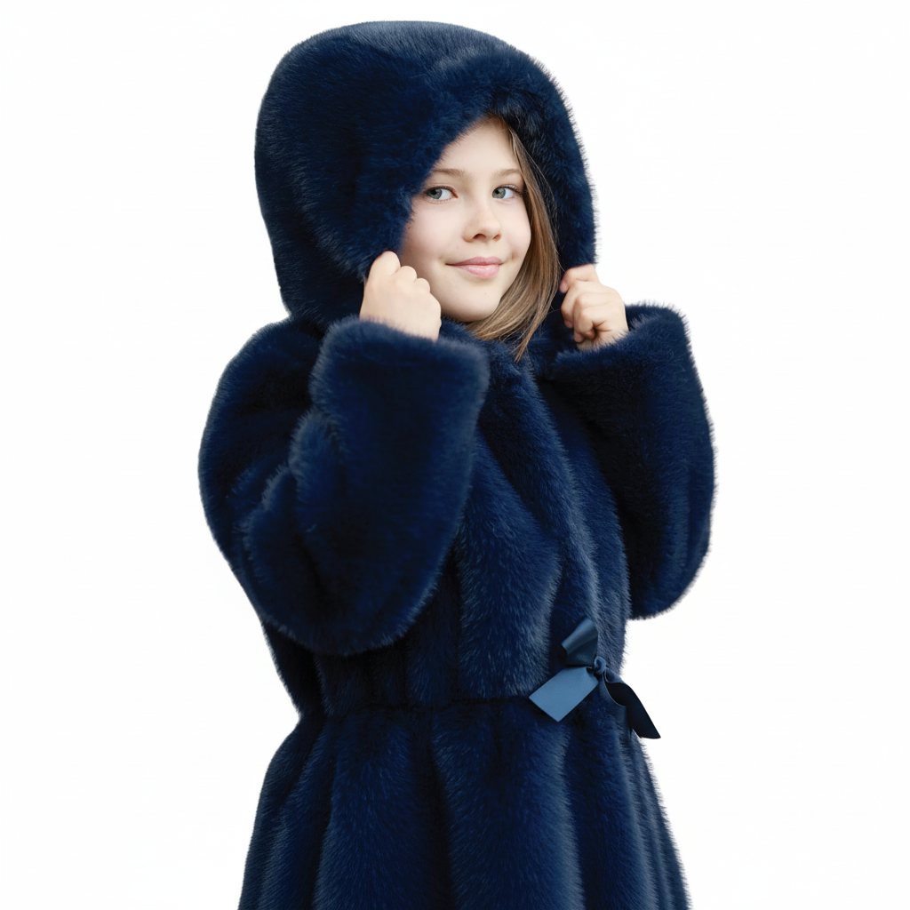 Child wearing a dark blue fur coat with a hood on a white background