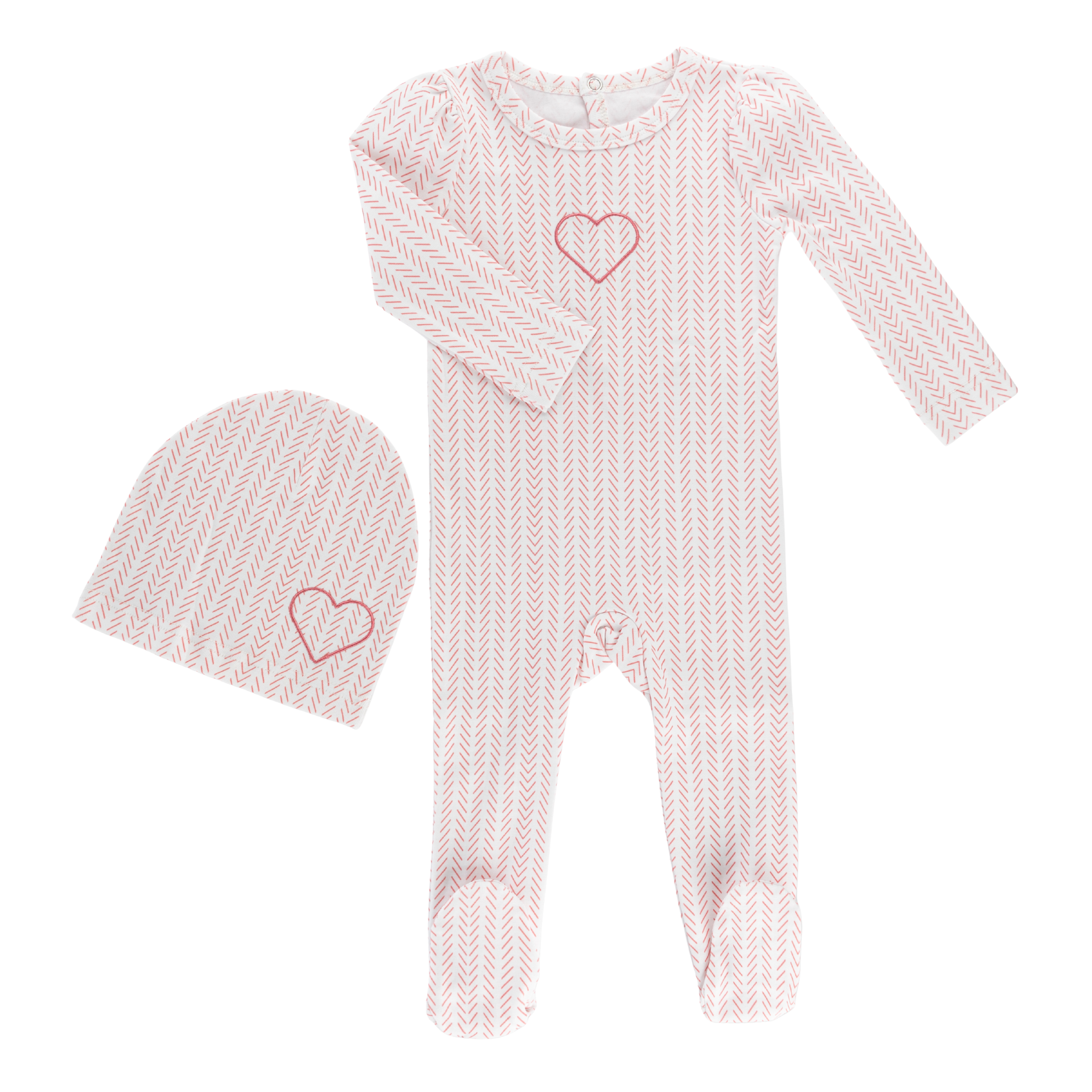 Little Label – Heart Herringbone Baby Footie & Hat Set (Pink)