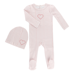 Little Label – Heart Herringbone Baby Footie & Hat Set (Pink)