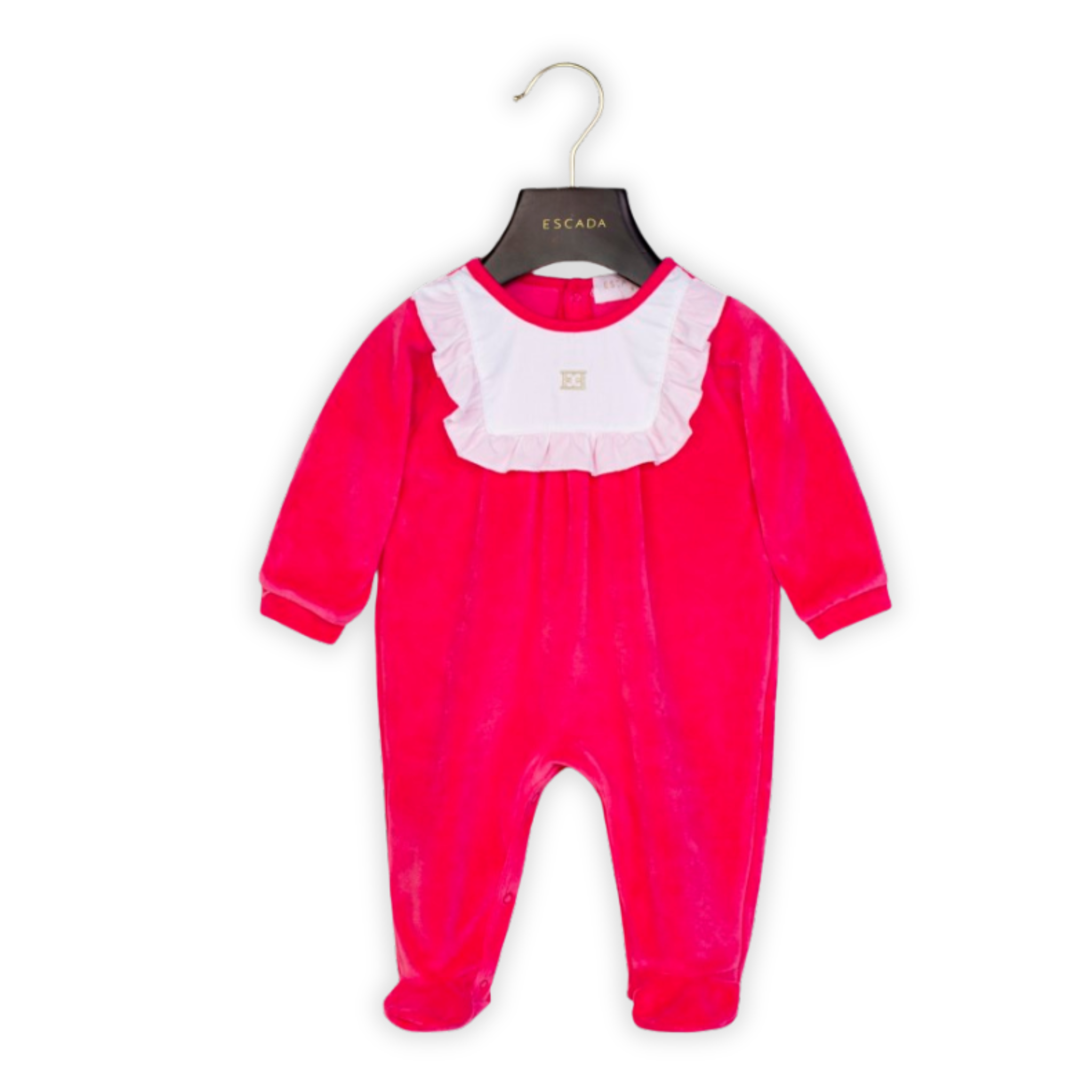 escada baby footie white ruffle bib pink