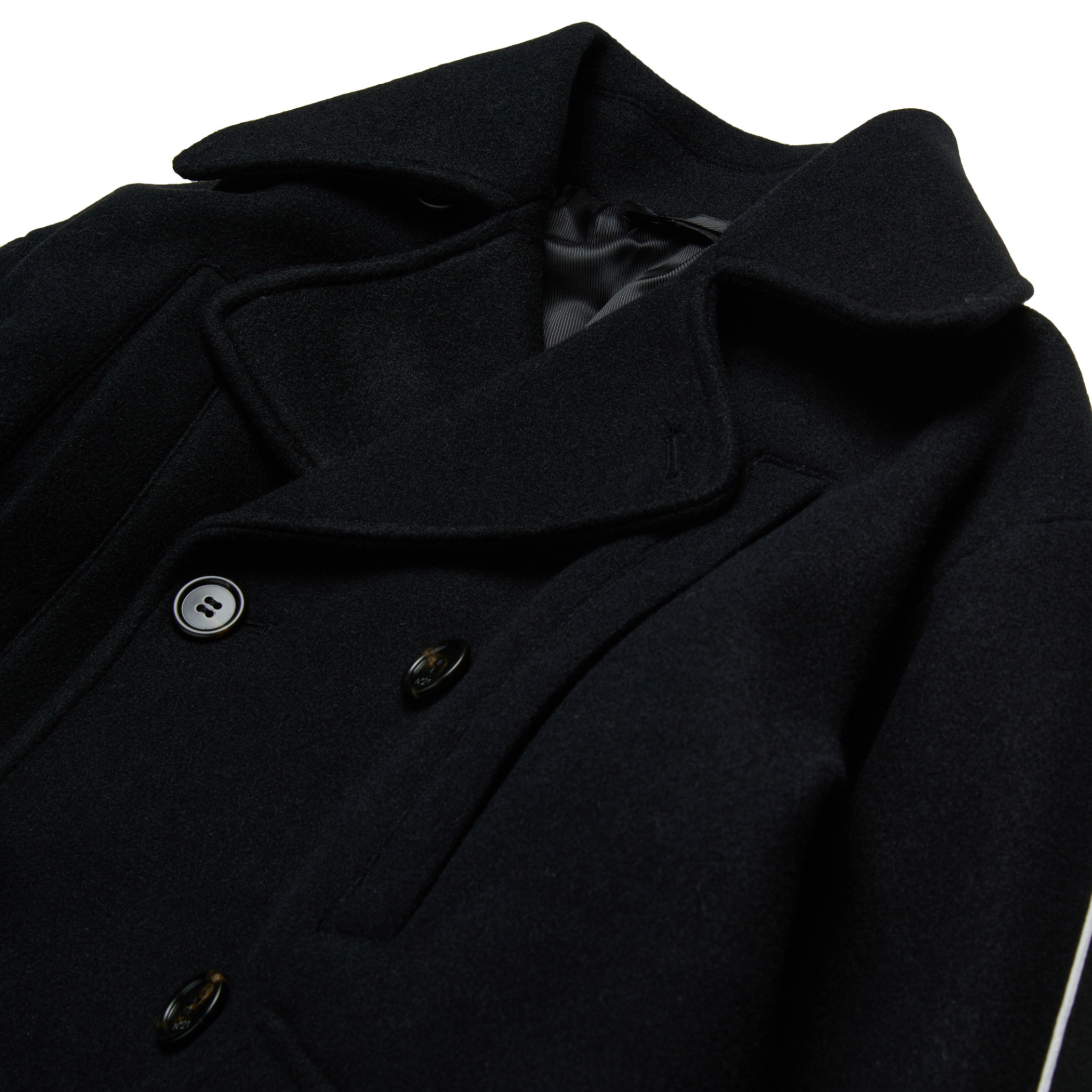 Close-up of a dark coat with buttons on a white background