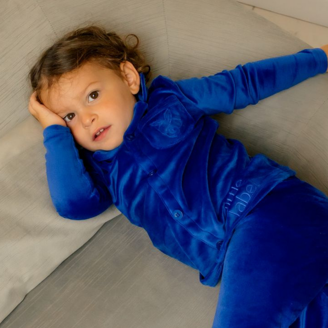 Little Label Blue Velour Embroidered Pocket Grandpa Pjs