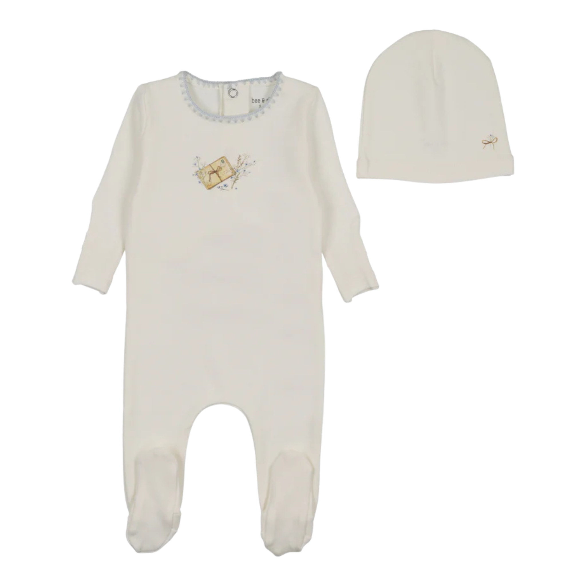 Bee & Dee Chalk White Mail and Flowers Footie and Beanie Set Boys Whimsical Minimalist Boutique Newborn Toddler Outfit