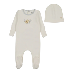 Bee & Dee Chalk White Mail and Flowers Footie and Beanie Set Boys Whimsical Minimalist Boutique Newborn Toddler Outfit