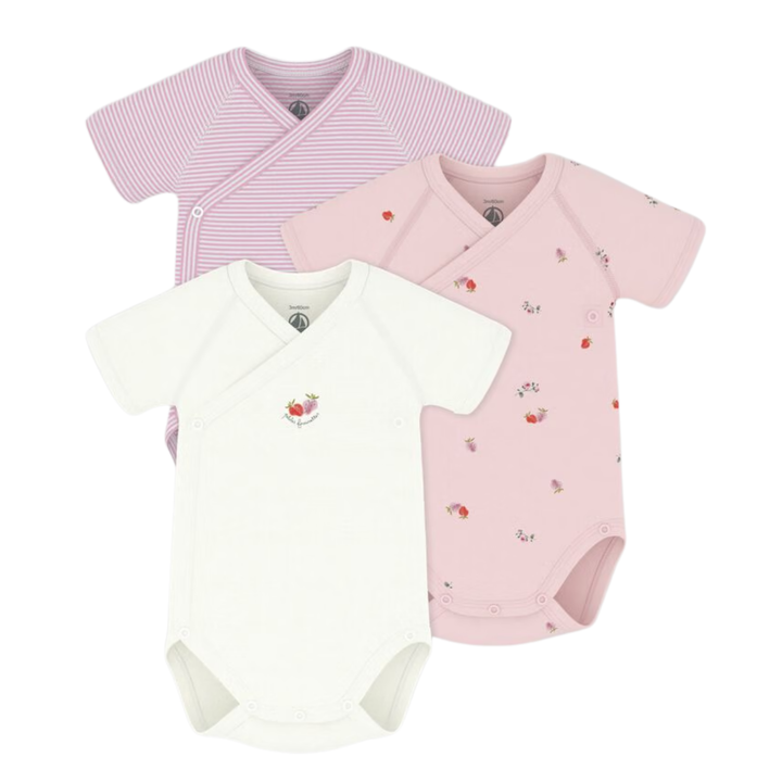 Petit Bateau Baby Girl 3 Pack SS Crossover Heart Solid Bodysuit