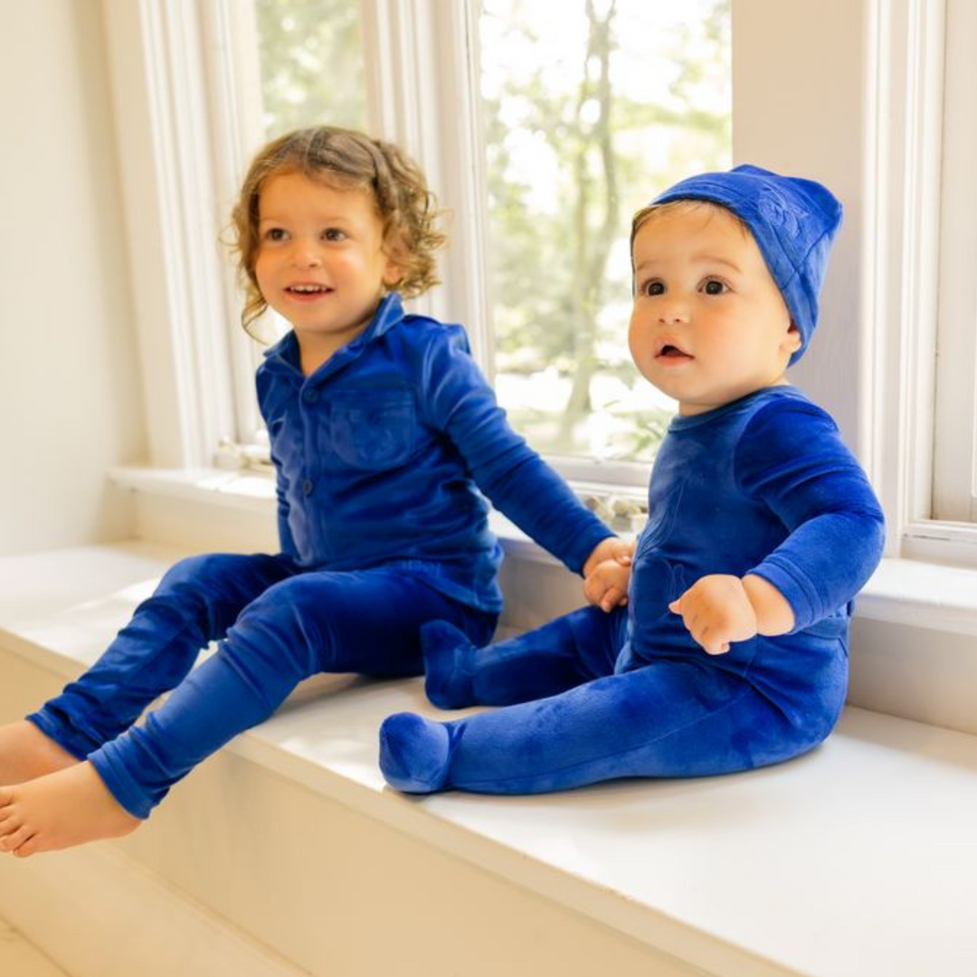 Little Label Blue Velour Embroidered Pocket Grandpa Pjs