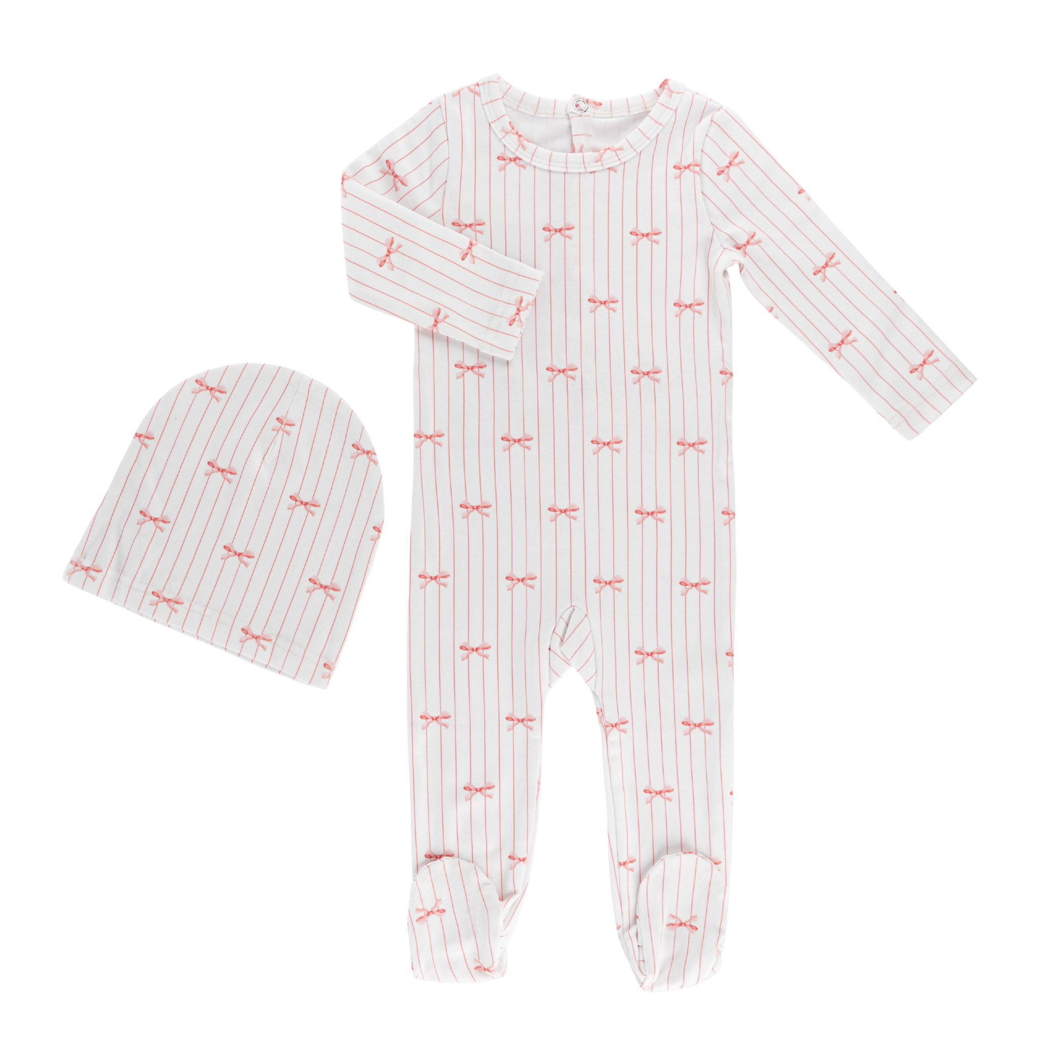 Little Label – Pink Bows Printed Footie & Hat Set (Pink Cotton)