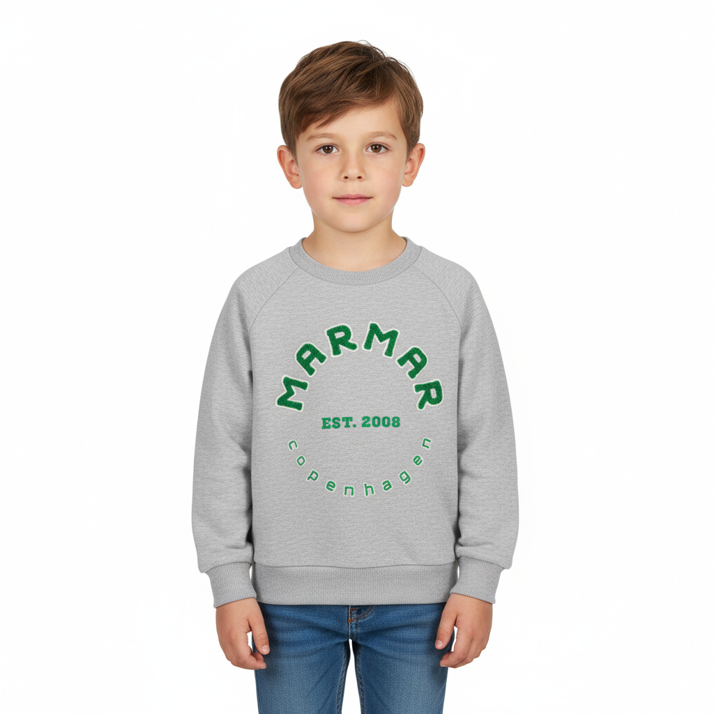 Child wearing a gray sweatshirt with green text on a white background