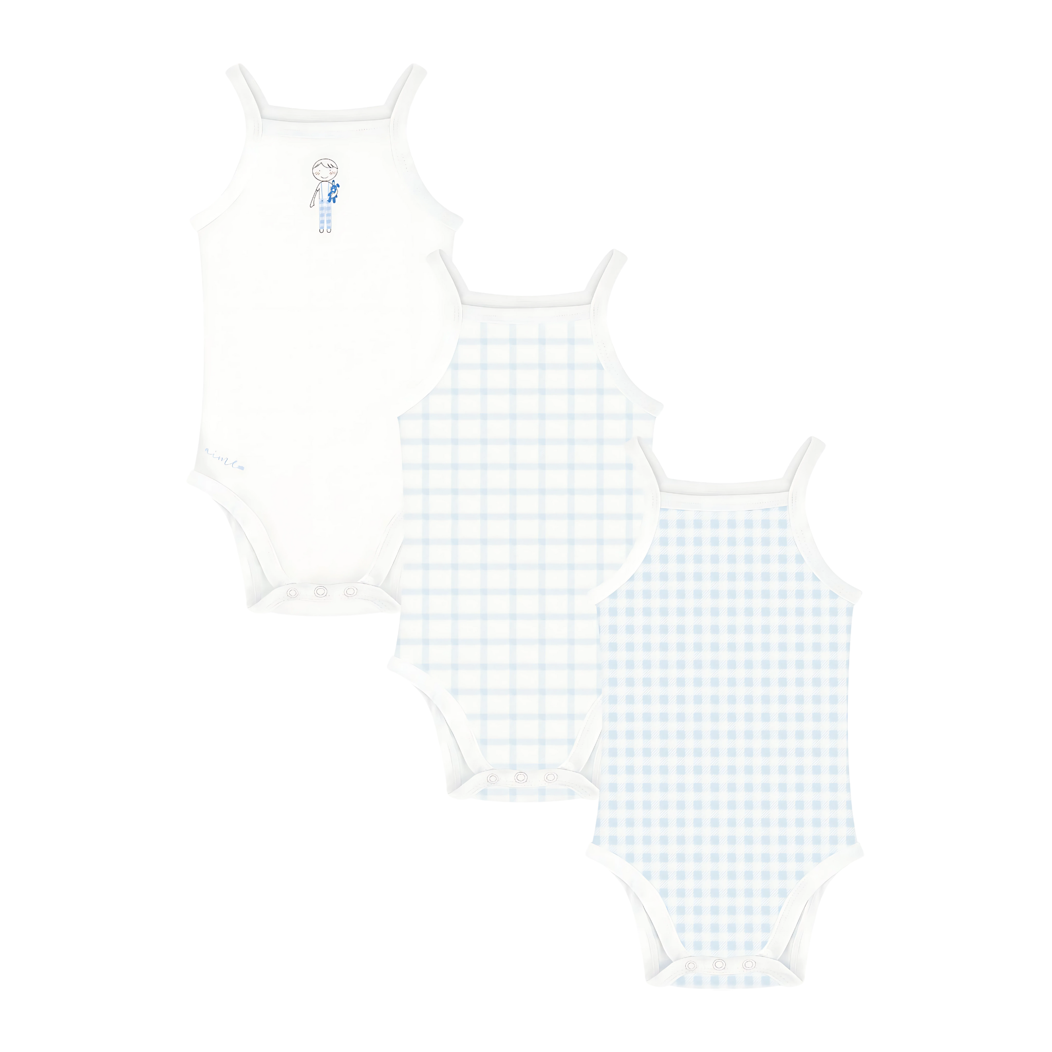 Three gingham-patterned rompers on a white background