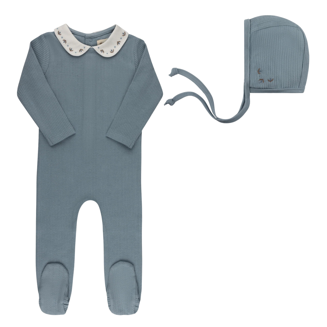 Ely’s & Co Blue Embroidered Trim Collection Footie and Bonnet Set Boutique Newborn Toddler Boy Coming Home Outfit