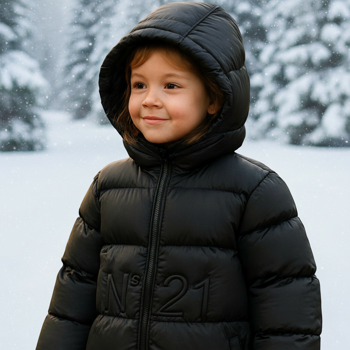Kids Black Hooded Puffer Jacket by N°21 – Warm Lightweight Outerwear