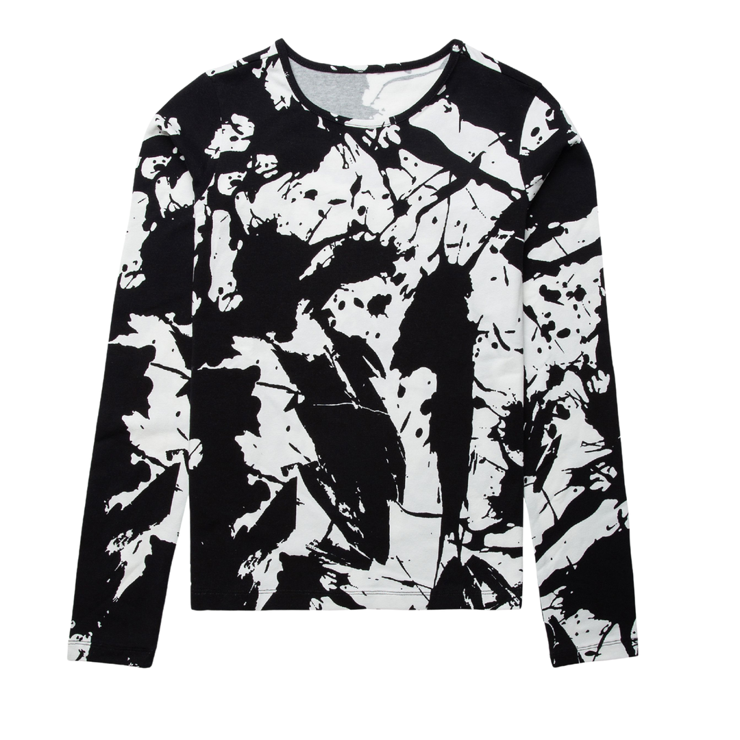 Black and white abstract patterned long-sleeve shirt on a white background