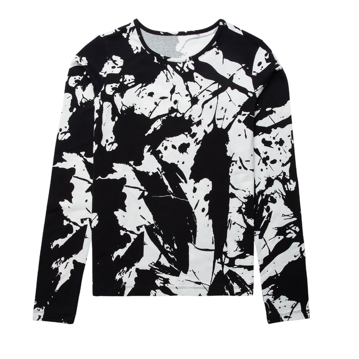 Black and white abstract patterned long-sleeve shirt on a white background
