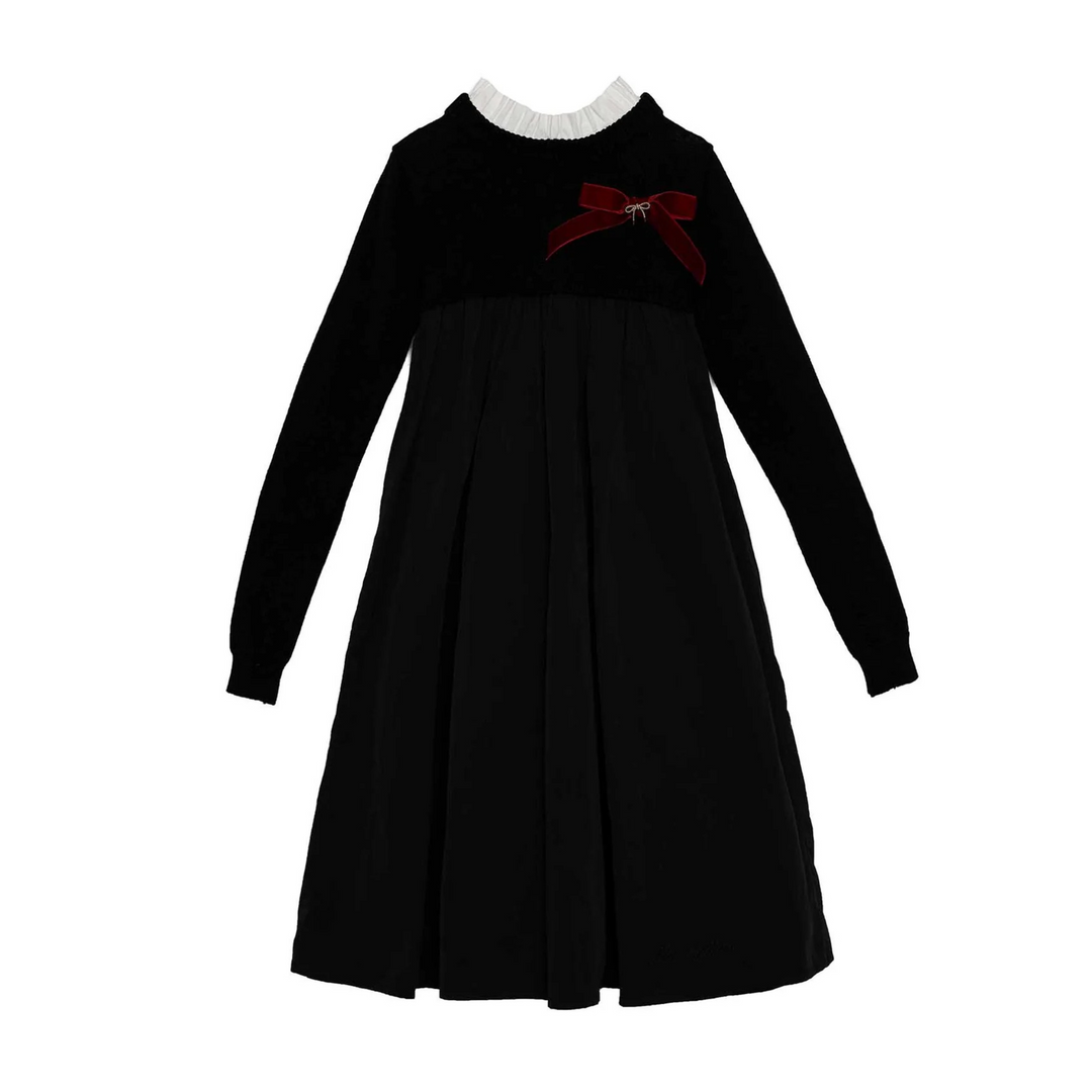 La Niña Knit Taffeta Embellished Bow Dress