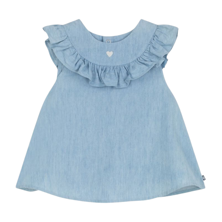 Petit Bateau Girl Sleeveless Chambray Dress With Embro Ruffles