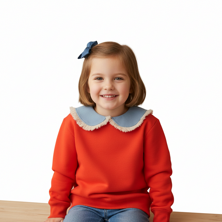 Mini Nod Orange Red/Denim Rounded Collar Sweatshirt | Stylish Kids Pullover