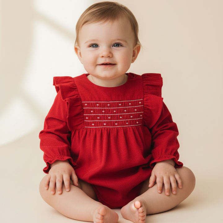 Petit Bateau Baby Girls' Red Corduroy Playsuit - Smocked Holiday Romper with Ruffles | Sizes 3M–36M