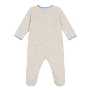 Petit Bateau - Baby Boy Velour Footie with Blue Trim – Oatmeal