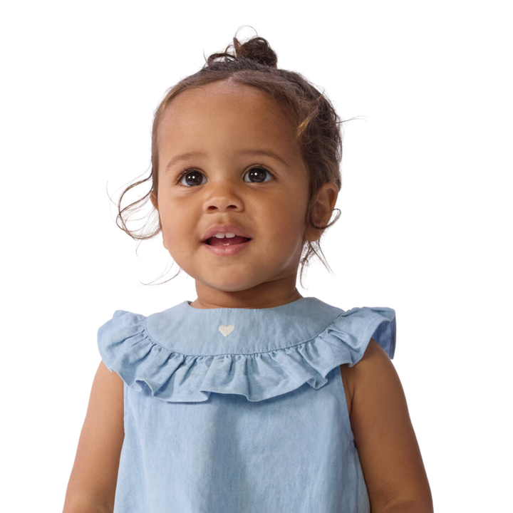 Petit Bateau Girl Sleeveless Chambray Dress With Embro Ruffles
