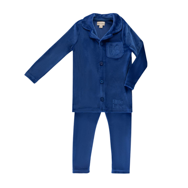 Little Label Blue Velour Embroidered Pocket Grandpa Pjs
