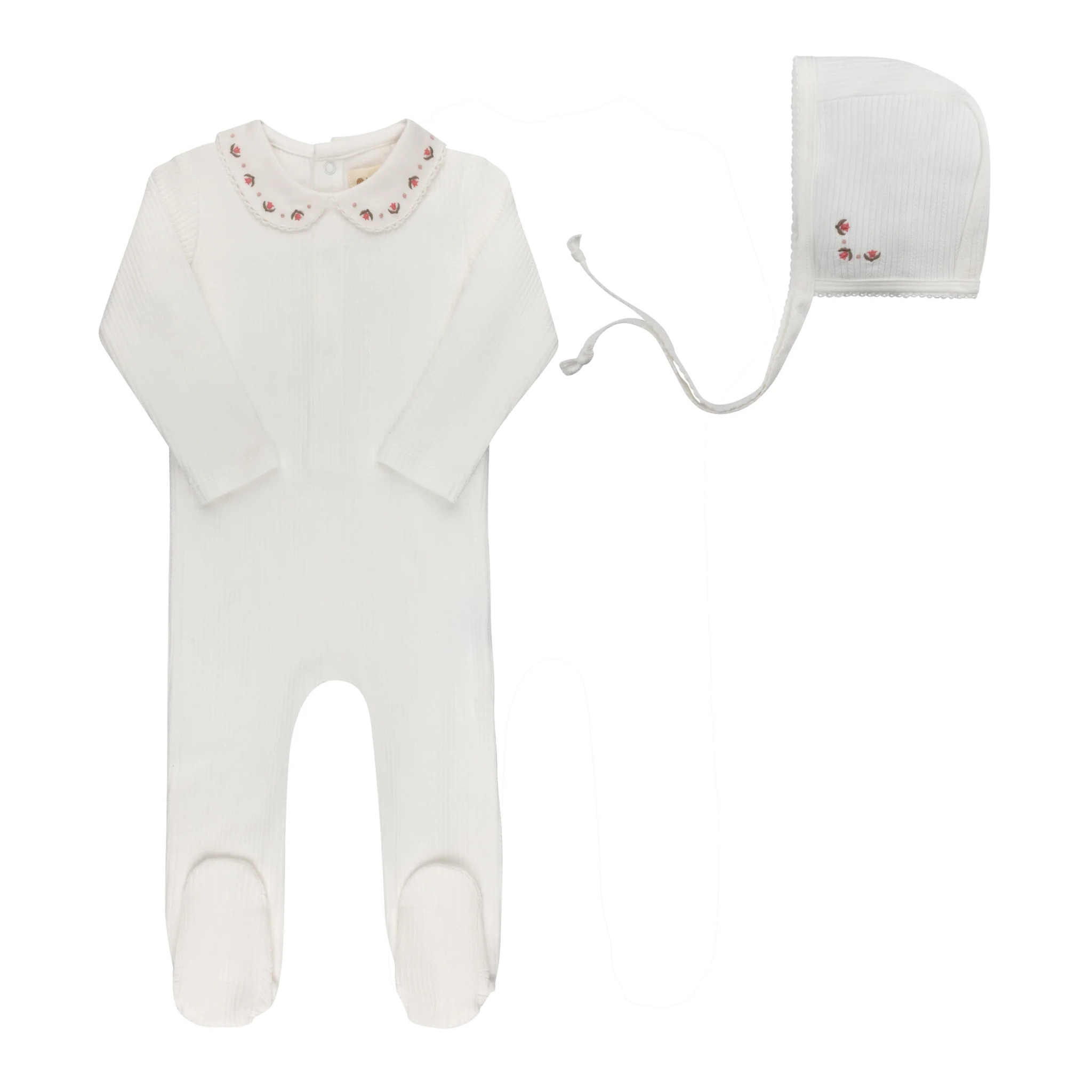 Ely’s & Co Ivory and Pink Embroidered Trim Collection Footie and Bonnet Set Boutique Newborn Toddler Girl Coming Home Outfit