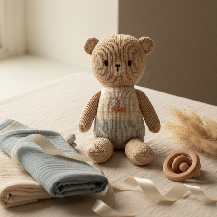 A soft beige knitted teddy bear wearing a striped shirt with a small sailboat sits on a cream tablecloth beside folded striped baby blankets and a wooden rattle, with a window and dried pampas grass in the background.