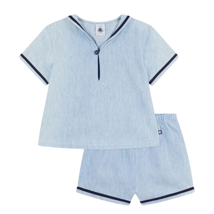 Petit Bateau Baby Boy 2PC Set Chambray SS Sailor Tee and Shorts