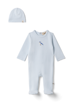 Bebe Bella Blue Checkered Bird Applique Footie + Beanie