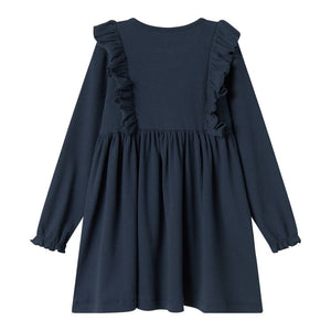 Navy blue dress with ruffled shoulders on a white background
