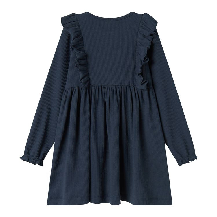Navy blue dress with ruffled shoulders on a white background