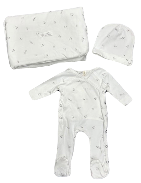 Latte Baby Bird Print 3-Piece Set – Footie, Hat & Blanket