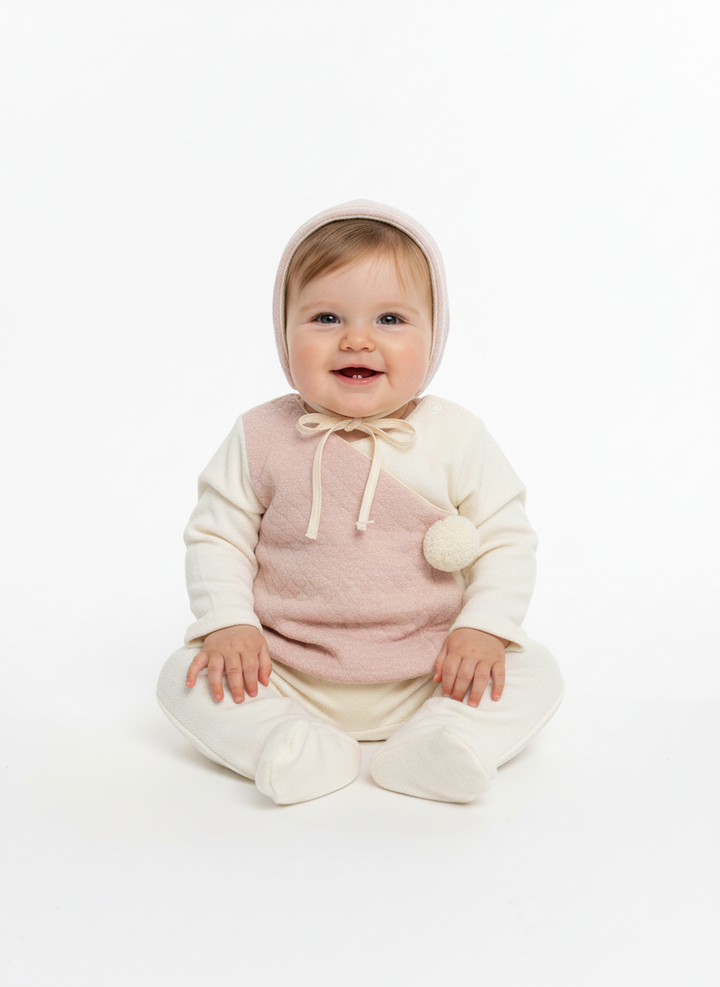 Latte Pepepon Mauve 2-Piece Baby Set with Pom Bonnet