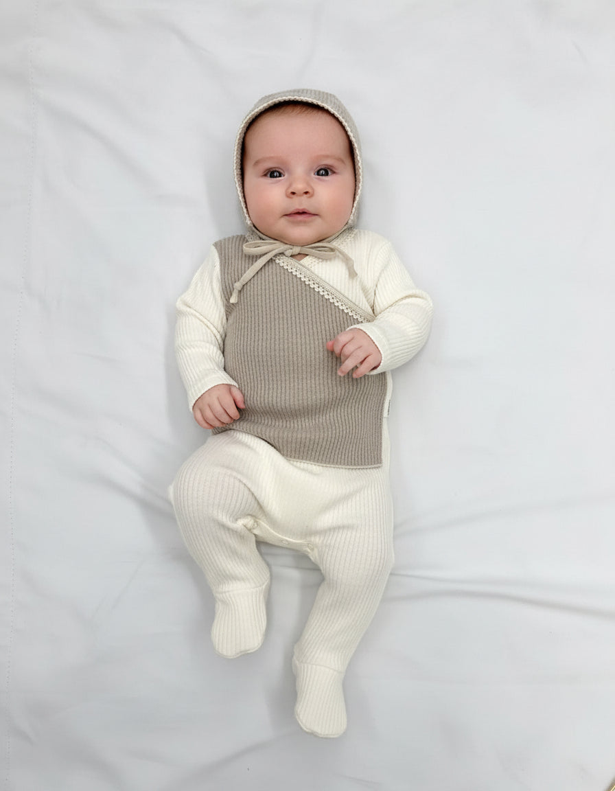 Latte Ivory Rib Baby Footie & Bonnet Set